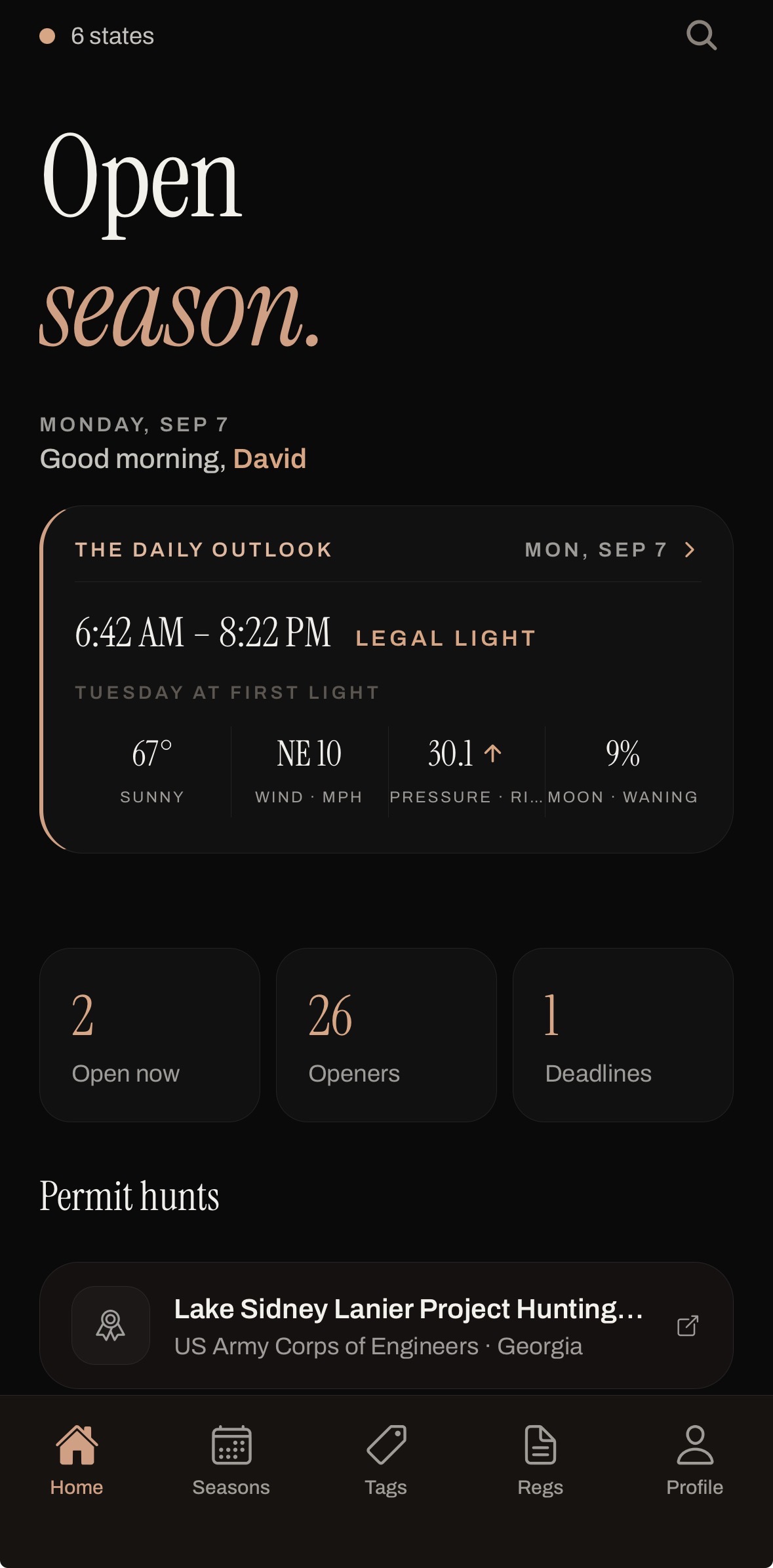 Open Season home screen showing today's legal shooting light, open seasons, and upcoming deadlines